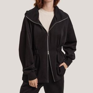 Gentle Herd 100% Cotton Oversized-Collar Black Zip Jacket Cinched Waist Medium
